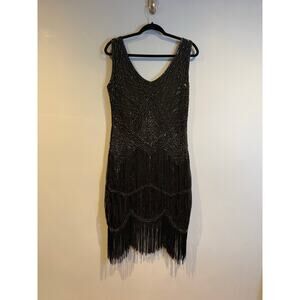 Vintage Style Beaded Fringe Dress Womens Black Art Deco Flapper Cocktail
